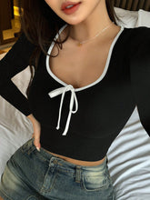 BOWKNOT TIGHT FITTED ROUND NECK LONG SLEEVE CROP TOP