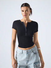 BUTTON HALF-PLACKET SHORT-SLEEVED SLIM-FIT CROP TOP