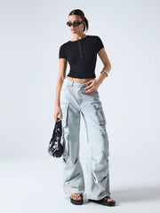 BUTTON HALF-PLACKET SHORT-SLEEVED SLIM-FIT CROP TOP