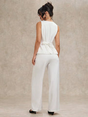 WOMEN'S SOLID WHITE BUTTON-FRONT SLEEVELESS CASUAL TOP AND PANTS SET