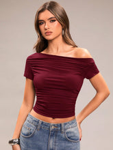 RUCHED ASYMMETRICAL SHOULDER SHORT SLEEVE CROPPED FITTED TOP