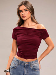 RUCHED ASYMMETRICAL SHOULDER SHORT SLEEVE CROPPED FITTED TOP