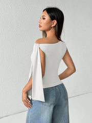 WOMEN'S SOLID COLOR MINIMALIST OBLIQUE COLLAR TIED BLOUSE
