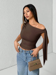 WOMEN'S SOLID COLOR MINIMALIST OBLIQUE COLLAR TIED BLOUSE