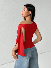 WOMEN'S SOLID COLOR MINIMALIST OBLIQUE COLLAR TIED BLOUSE