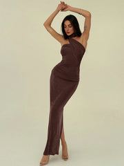 ONE SHOULDER RUFFLE DESIGN SLIM FIT PLEATED SPARKLY DRESS