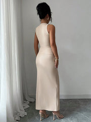 SOLID COLOR ROUND NECK FITTED CAMISOLE AND MIDI SKIRT SET