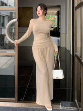 CASUAL OBLIQUE COLLAR TOP AND STRAIGHT LEG PANTS