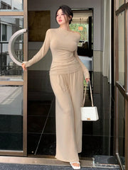 CASUAL OBLIQUE COLLAR TOP AND STRAIGHT LEG PANTS