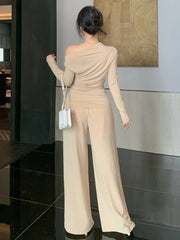 CASUAL OBLIQUE COLLAR TOP AND STRAIGHT LEG PANTS