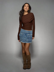 ASYMMETRIC DRAPED LONG SLEEVE CROP TOP