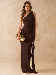 ASYMMETRIC RUFFLED BACKLESS LONG FLOUNCE HEM DRESS