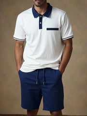 MEN'S CASUAL KNIT PATCHWORK POLO SHIRT & SHORTS SET