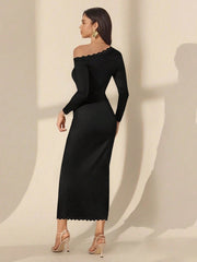 LACE PATCHWORK OBLIQUE SHOULDER SLIM FIT LONG DRESS