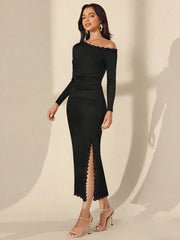 LACE PATCHWORK OBLIQUE SHOULDER SLIM FIT LONG DRESS