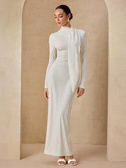 WOMEN'S DRESS WITH SCARF COLLAR, LONG RIBBON TIE WAIST DESIGN