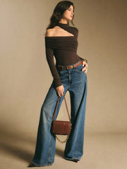 STAND COLLAR LONG SLEEVE CUTOUT RUCHED FITTED TOP