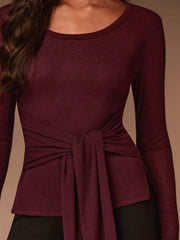 ROUND NECKLINE LONG SLEEVES WAIST TIE DETAIL TOP