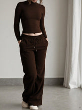 SOLID COLOR SLIM FIT LONG SLEEVE TOP & CASUAL HIGH WAIST STRAIGHT LEG PANTS