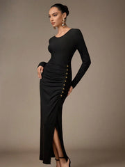 BUTTON DESIGN PLEATED SIDE SLIT HEM FITTED MID-LENGTH DRESS