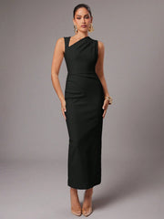 ASYMMETRIC NECK RUCHED FITTED DRESS