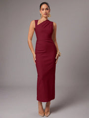 ASYMMETRIC NECK RUCHED FITTED DRESS
