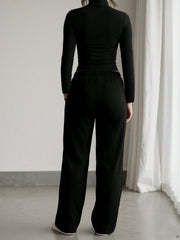 SOLID COLOR SLIM FIT LONG SLEEVE TOP & CASUAL HIGH WAIST STRAIGHT LEG PANTS