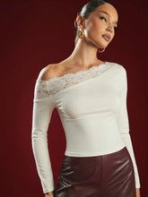 ASYMMETRICAL OFF-SHOULDER LACE BELL SLEEVE FITTED TOP