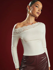 ASYMMETRICAL OFF-SHOULDER LACE BELL SLEEVE FITTED TOP