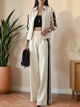 STRIPED ZIP-UP JACKET & HIGH WAIST COMFORTABLE WIDE LEG PANTS