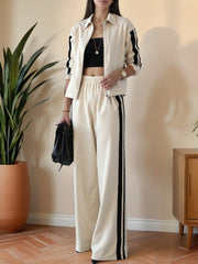 STRIPED ZIP-UP JACKET & HIGH WAIST COMFORTABLE WIDE LEG PANTS