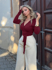 SOFT WRAP V-NECK LONG SLEEVE CROPPED TIGHT TOP