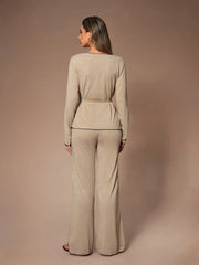 V-NECK CRISS-CROSS TIE LONG SLEEVE FLARED LEG LOUNGE WEAR