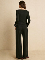ASYMMETRIC TIE-SHOULDER SLIM-FIT TOP & FLOWY WIDE-LEG TROUSER