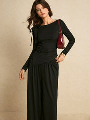 ASYMMETRIC TIE-SHOULDER SLIM-FIT TOP & FLOWY WIDE-LEG TROUSER