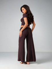 BUTTON FRONT CROP TOP AND WIDE LEG PALAZZO PANTS PAJAMA SET