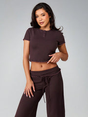 BUTTON FRONT CROP TOP AND WIDE LEG PALAZZO PANTS PAJAMA SET