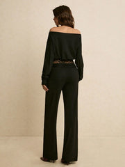 LACE-TRIMMED OFF-SHOULDER CROP TOP AND FLARED PANTS