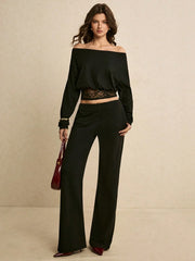 LACE-TRIMMED OFF-SHOULDER CROP TOP AND FLARED PANTS