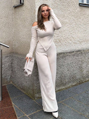 ASYMMETRICAL SHOULDER TEE & HIGH WAIST WIDE LEG PANTS