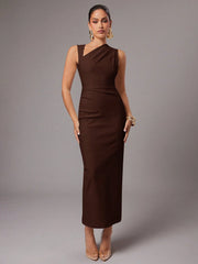 ASYMMETRIC NECK RUCHED FITTED DRESS
