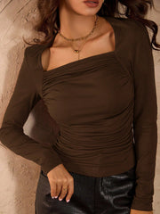 SQUARE NECK RUCHED FITTED LONG SLEEVE TOP