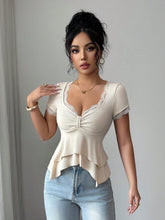 SQUARE NECK CONTRAST LACE SHORT SLEEVE TOP