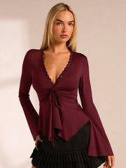 V-NECK RUCHED FLARE SLEEVE CINCHED WAIST TOP