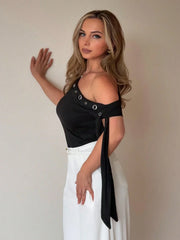 ASYMMETRIC SLEEVELESS METAL EYELET DECOR TOP