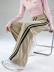 CONTRAST RETRO HIGH WAIST WIDE LEG CASUAL PANTS