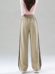 CONTRAST RETRO HIGH WAIST WIDE LEG CASUAL PANTS