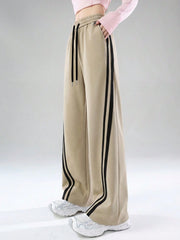 CONTRAST RETRO HIGH WAIST WIDE LEG CASUAL PANTS