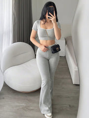CROPPED SHORT SLEEVE TOP AND FLARED LEG PANTS
