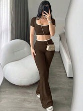 CROPPED SHORT SLEEVE TOP AND FLARED LEG PANTS